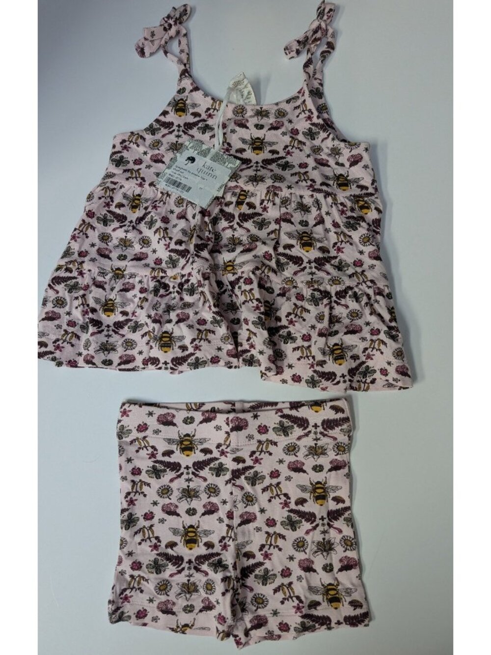 Kate Quinn Bamboo Rose Litho Bee 2T Spaghetti Tie Prairie Top Bike Shorts Set